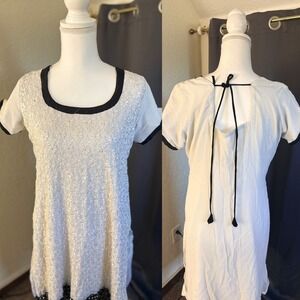 Handmade White Embroidered Floral Tunic Dress Black Trim Sequins Size M